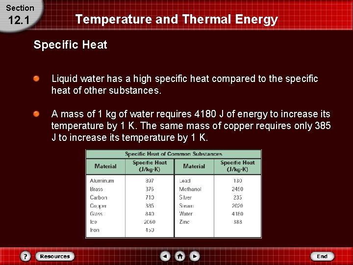 Section 12. 1 Temperature and Thermal Energy Specific Heat Liquid water has a high