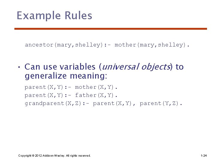 Example Rules ancestor(mary, shelley): - mother(mary, shelley). • Can use variables (universal objects) to