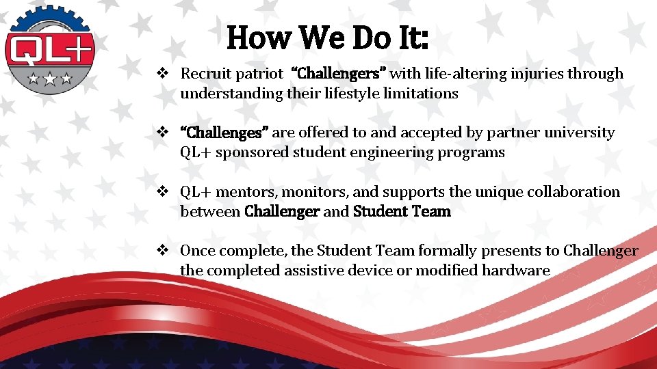 How We Do It: v Recruit patriot “Challengers” with life-altering injuries through understanding their