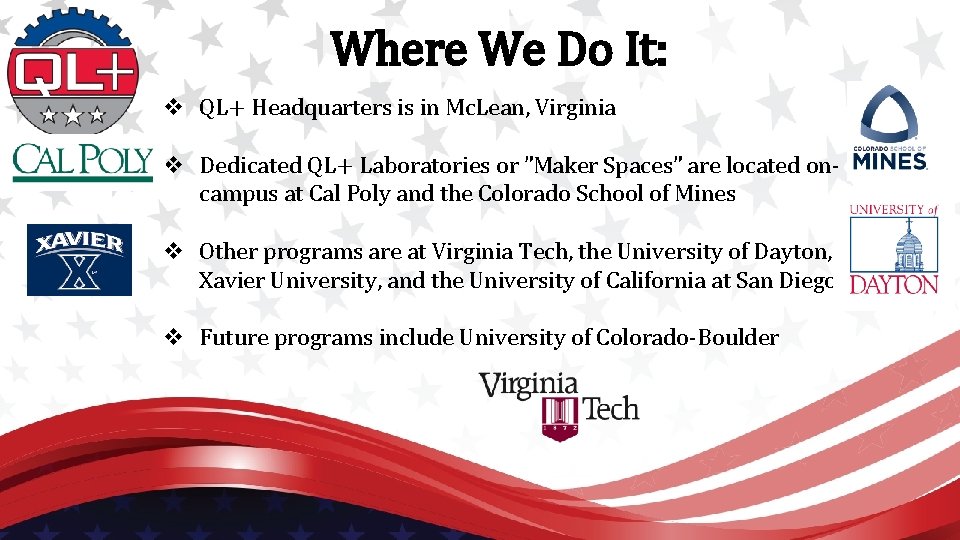 Where We Do It: v QL+ Headquarters is in Mc. Lean, Virginia v Dedicated