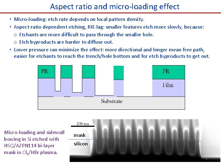 Aspect ratio and micro-loading effect • Micro-loading: etch rate depends on local pattern density.