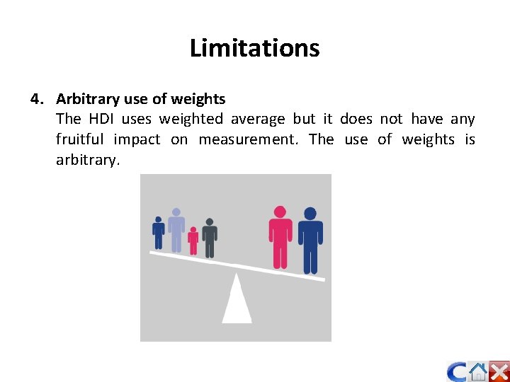 Limitations 4. Arbitrary use of weights The HDI uses weighted average but it does