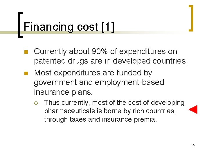 Financing cost [1] n n Currently about 90% of expenditures on patented drugs are