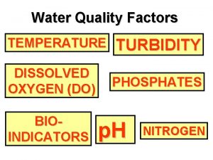 Water Quality Factors TEMPERATURE TURBIDITY DISSOLVED OXYGEN DO