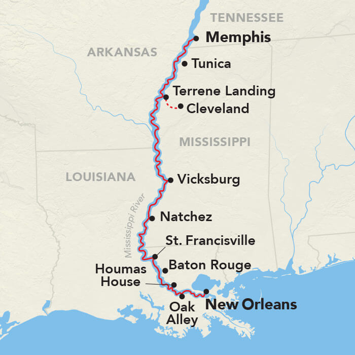 Lower Mississippi River Cruise itinerary map