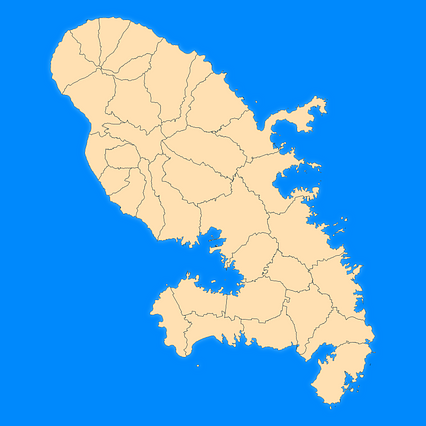 Mercator projection map of Martinique showing commune boundaries in blue and pastel amber