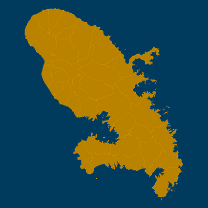 Mercator projection map of Martinique showing commune boundaries in amber and dark azure