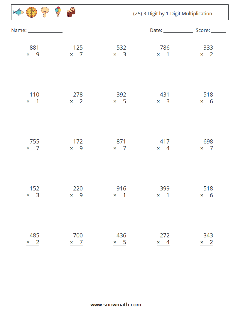 (25) 3-digit by 1-digit multiplication Math Worksheets, Math Practice ...