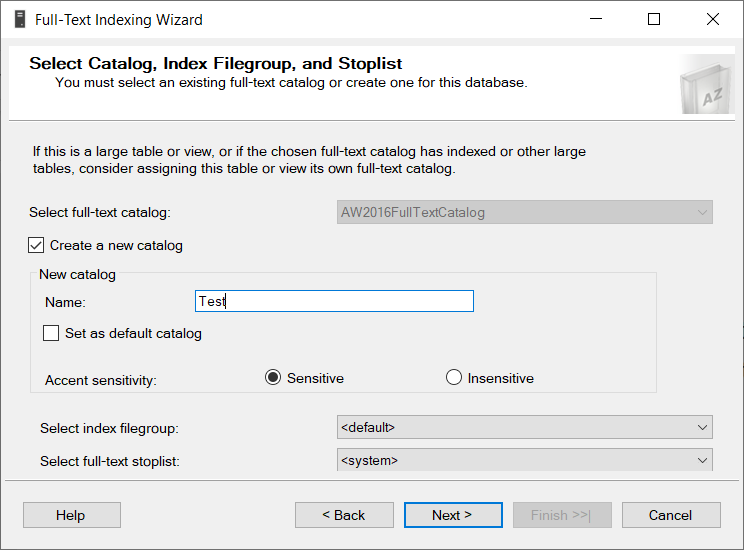 Catalog, Index Filegroup, and Stoplist window