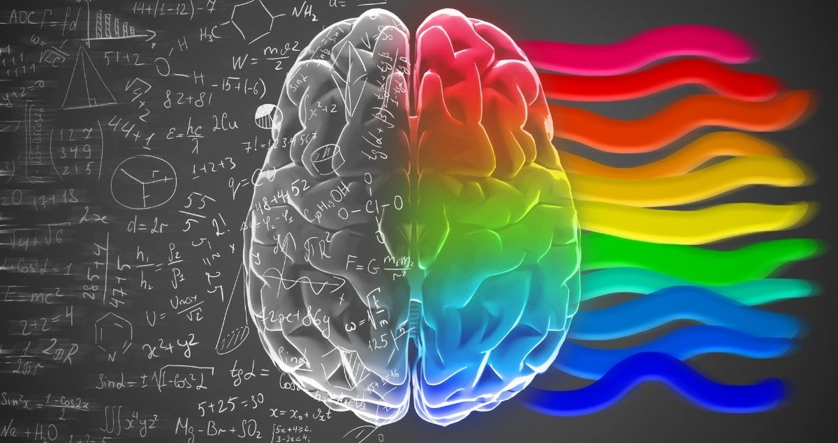 Picture of a brain with two sides. One with rainbow colours, the otherwith written equations