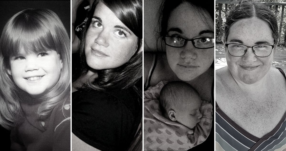 Four pictures of me: As a small child, a young adult, a new mother and on my 40th birthday.