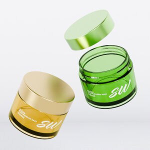 Deux pots de crème PETG personnalisables (15ml/50ml), doré et vert, avec couvercles flottants sur fond blanc.