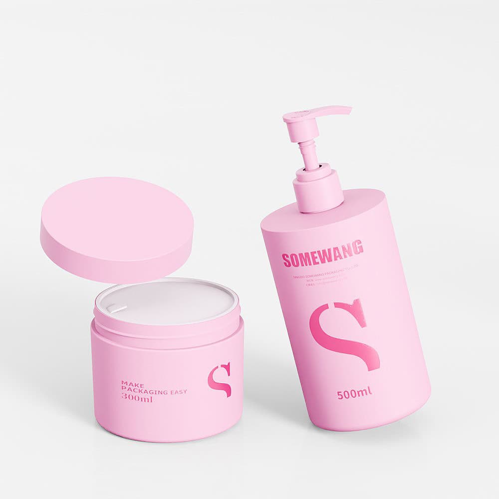 Zwei rosa „SOMEWANG“-Behälter – ein 300-ml-Cremetiegel und eine 500-ml-Pumpflasche – bieten funktionalen Stil für Beauty-Liebhaber.