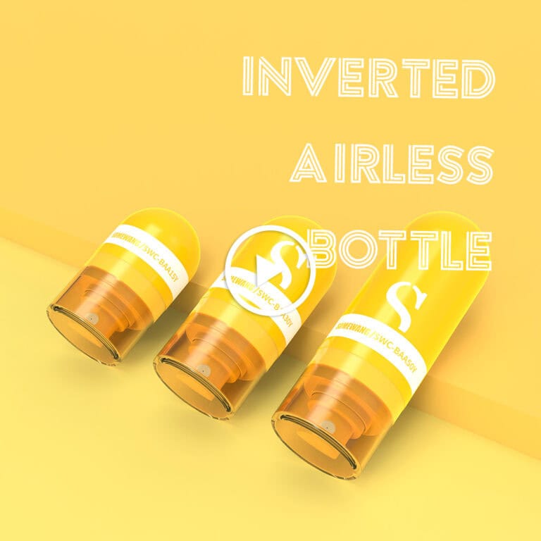 Три перевернутые желтые бутылки на желтом фоне с надписью «INVERTED AIRLESS BOTTLE» («ПЕРЕВЕРНУТАЯ БЕЗВОЗДУШНАЯ БУТЫЛКА») белым текстом.