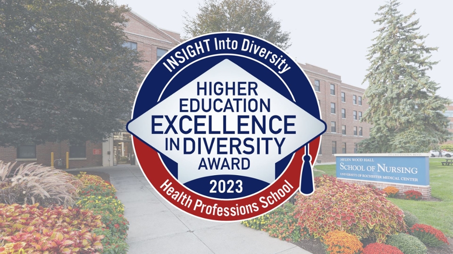 Graphic shows the HEED Health Professions Award logo over an autumn photo of the UR School of Nursing with orange and red flowers planted outside the front entrance.