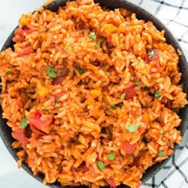 close up overhead shot of a bowl of Spanish rice