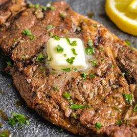 A close up of food, with Steak