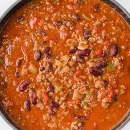 close up overhead shot of Chili Recipe in a pot