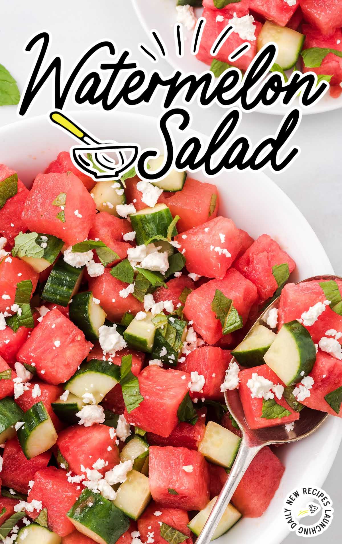 close up overhead shot of a serving of watermelon salad topped with mint leaves and feta cheese in a bowl