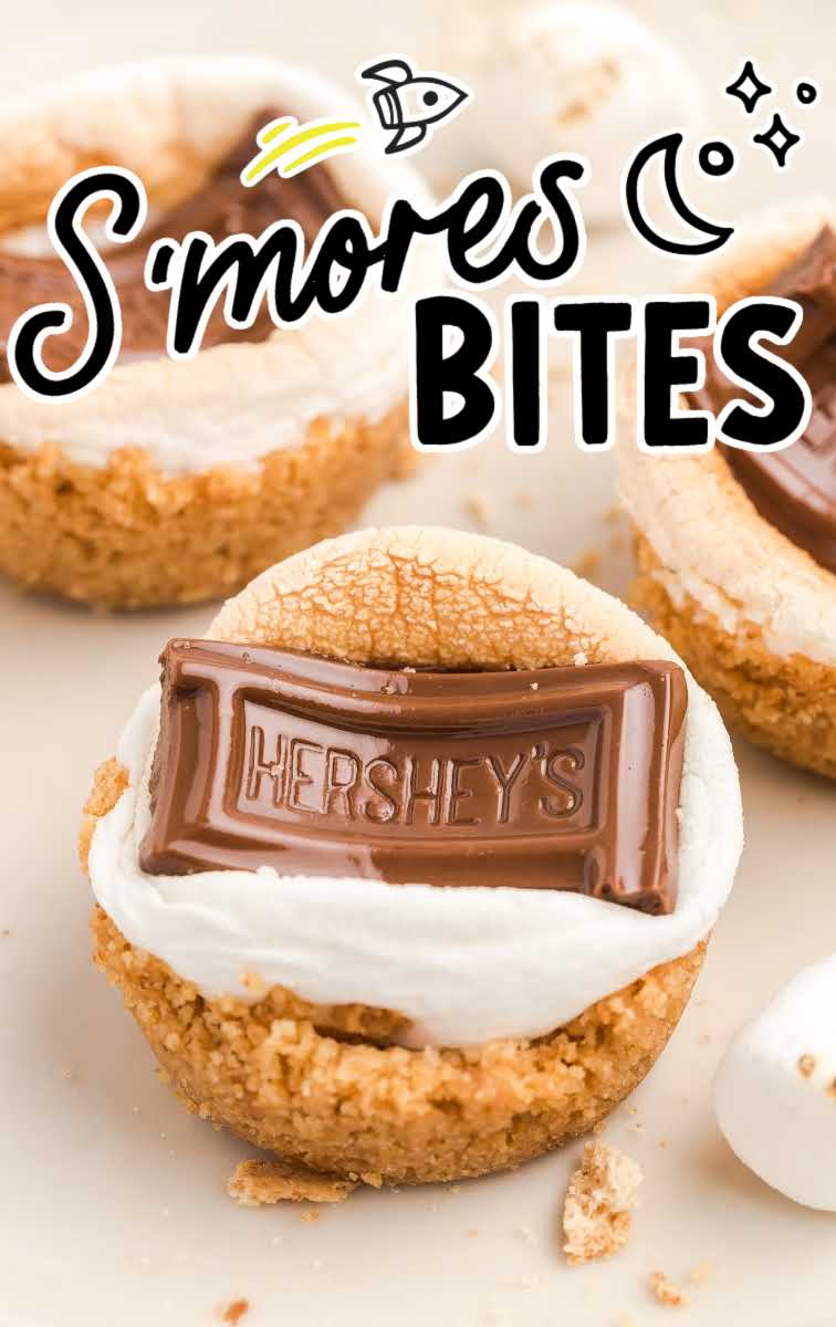 close up shot of s'mores bites topped with s'mores and a piece of Hershey's