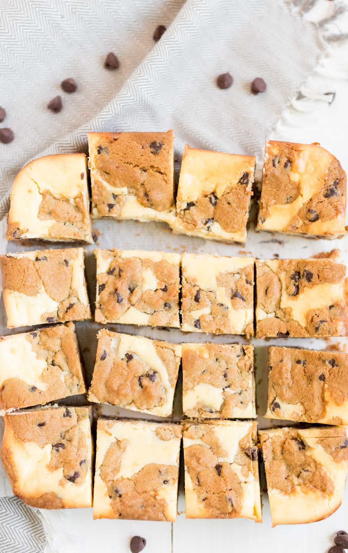 overhead shot of bars of Chocolate Chip Cheesecake