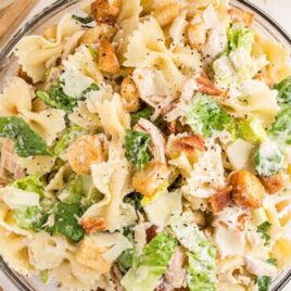 overhead shot of a bowl of Caesar Pasta Salad