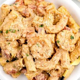 overhead shot of Cajun Shrimp Pasta in a bowl