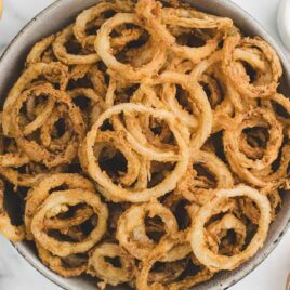 overhead shot of Frizzled Onions in a bowl