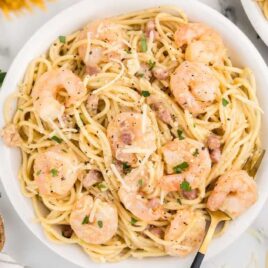 overhead shot of Shrimp Carbonara on a plate