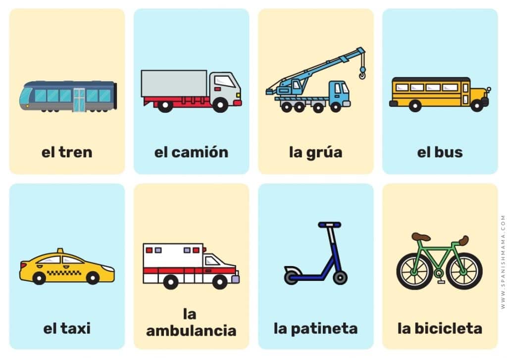 vehicles Spanish flashcards for kids