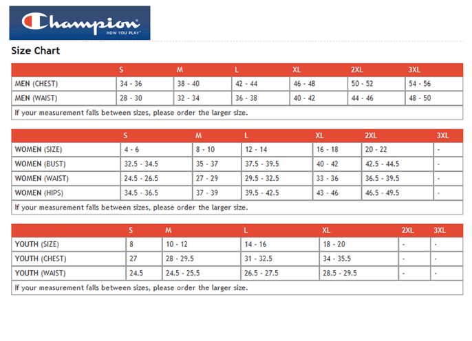 Champion Kids Size Chart