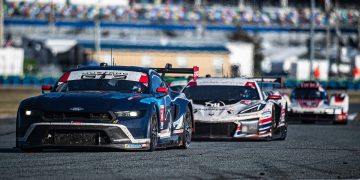 Mustang and Corvette doing battle at Daytona. Image: Supplied