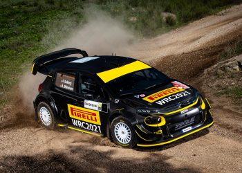 Petter Solberg and Andreas Mikkelsen of team Citroen C3 WRC Sainte loc Junior Team are seen racing on day 1 in shakedown during the World Rally Championship Italy in Italy.