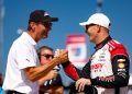 Scott McLaughlin (right) celebrates with Team Penske president Tim Cindric.