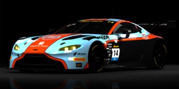 The #14 Volante Rosso Aston Martin Vantage GT3 in its Gulf Oil colours.