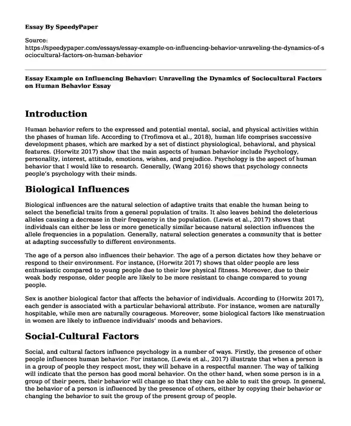 Essay Example on Influencing Behavior: Unraveling the Dynamics of Sociocultural Factors on Human Behavior