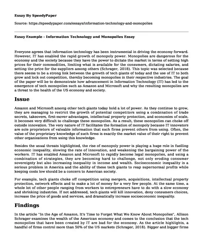 Essay Example - Information Technology and Monopolies