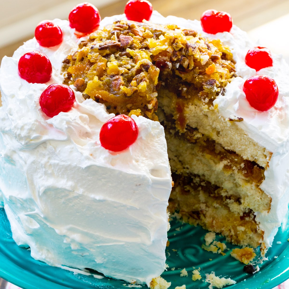 Lane Cake on a cake stand.