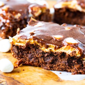 Peanut Butter Mississippi Mud Brownies on a cutting board.