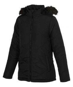 Black Puffer Jacket with Faux Fur Trim, 2 Pockets Removable Hood for Women