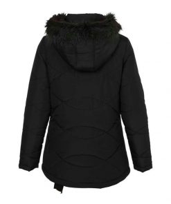 Black Puffer Jacket with Faux Fur Trim, 2 Pockets Removable Hood for Women