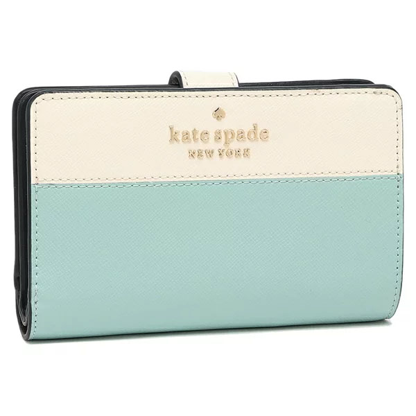 Kate Spade Medium Wallet Staci Colorblock Saffiano Medium Compact Bifold Poolside Light Blue Off White # WLR00124