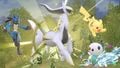 Arceus, Pikachu, Lucario, and Oshawott on Gaur Plain.