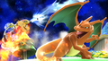 Mario fires the F.L.U.D.D. at Charizard.