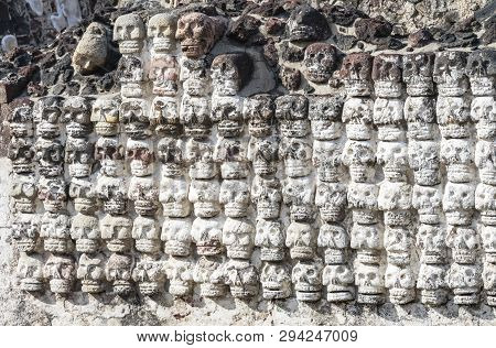 Ancient Aztec Skull Wall Templo Mayor Mexico City Mexico. Great Aztec Temple Created From 1325 To 15