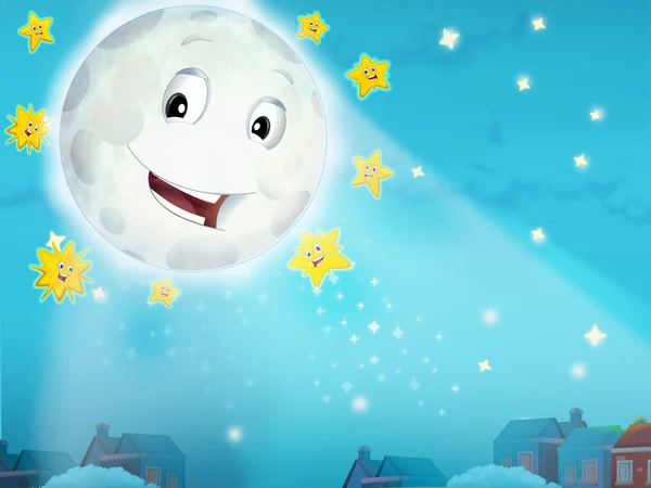 Cartoon smiling moon by the night with the stars — Stock Photo ...