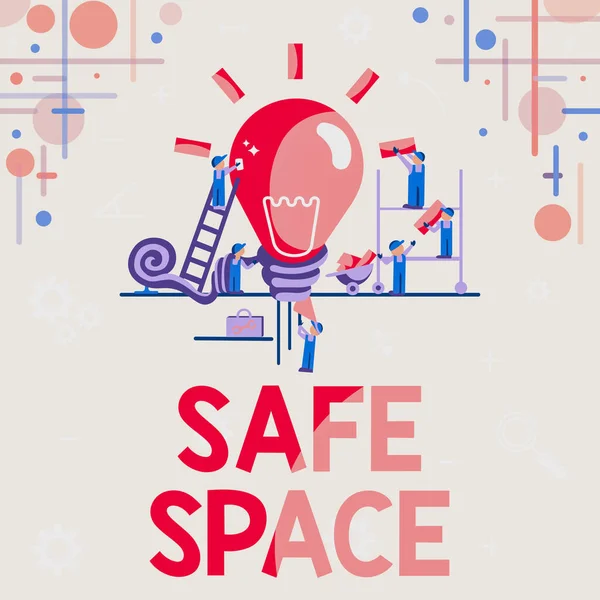 Hand writing sign Safe Space. Concept meaning a place or room in which you are protected from harm or danger Abstract Working Together For Better Results, Group Effort Concept