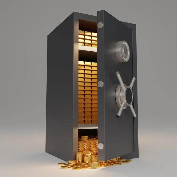 Dark blue Safe box font view with gold bars and gold coins inside on white background. Opened the metallic safe box. Realistic metal is safe. Copy space. 3d render illustration.