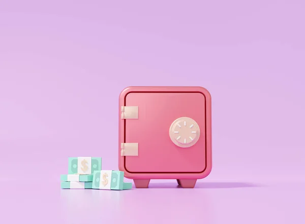 Safe box and stacks Banknote, earning Finance saving money concept.  cartoon style minimal on purple pastel background, copy space, 3D render illustration