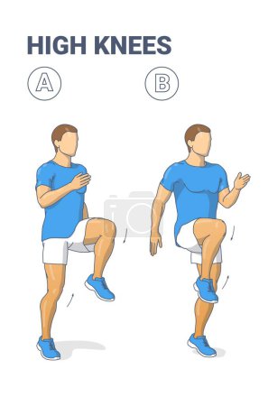 Illustration for Man Doing High Knees. Front Knee Lifts. Male Fitness Model Jogging on the Spot and Sprinting Exercise Guidance. Home Workout Guy Vector Illustration Isolated on White Background. - Royalty Free Image